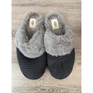 UGG Cozy Black Knit Slippers Gray Shearling Collar Women’s Size 10